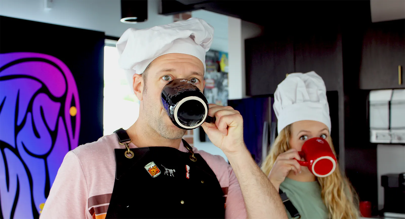 Chris and Elisa drinking coffee at Coffles and Waffee